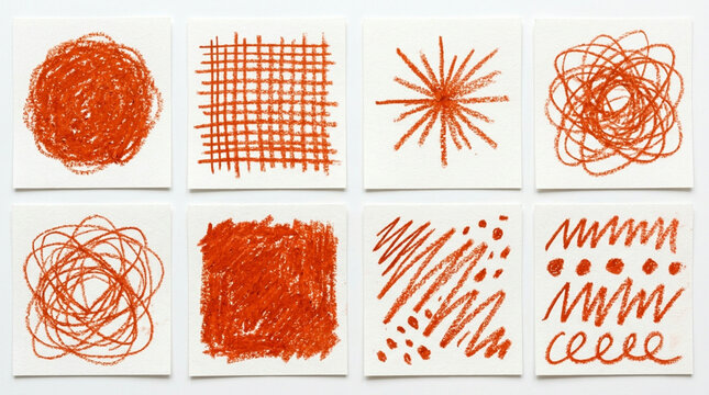 Set of hand drawn red wax crayon abstract shapes and geometric patterns on white paper