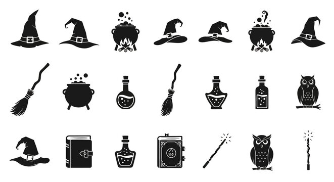 Witchcraft silhouette icons set, magic halloween symbols collection, black wizard hats and potion bottles vector, occult mystical elements