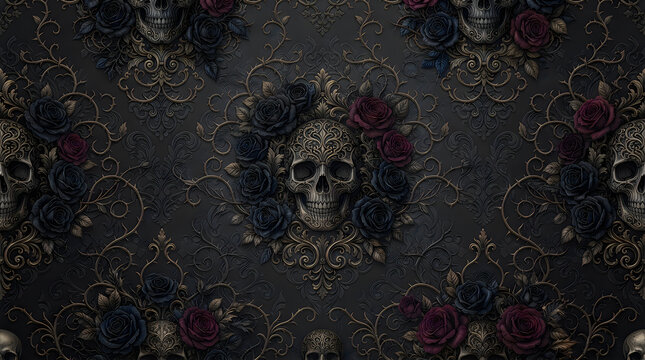 Dark gothic seamless floral skull pattern texture for edgy fashion and decor designs
