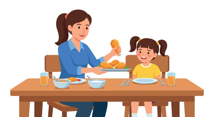 Mother feeding child fried chicken at a wooden dining table vector illustration
