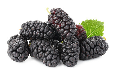 Pile of ripe mulberries and green leaf isolated on white © New Africa