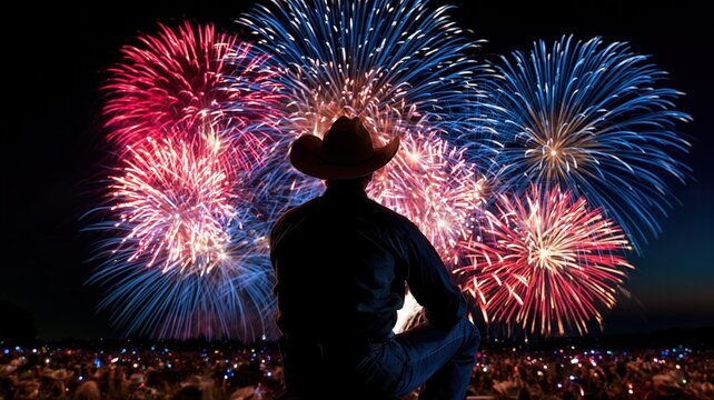Cowboy silhouette watching patriotic red and blue fireworks display over a celebrating crowd on a festive night