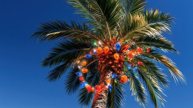 Palm tree decorated with colorful christmas lights symbolizing tropical holiday celebrations and festive season