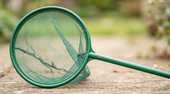 Green plastic bug-catching net on a garden path  