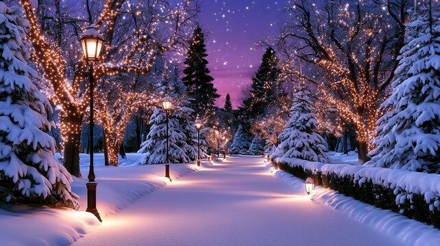 Winter pathway illuminating park with glowing christmas lights during evening snowfall creating a festive holiday scene