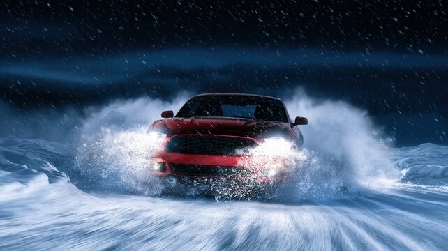 Red sports car driving through heavy snow at night powerful headlights illuminating the challenging winter road