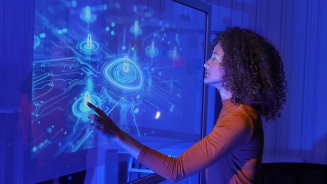 Businesswoman using a futuristic digital interface in a modern workspace, representing AI, data analytics, digital transformation, cybersecurity, innovation, and business technology.