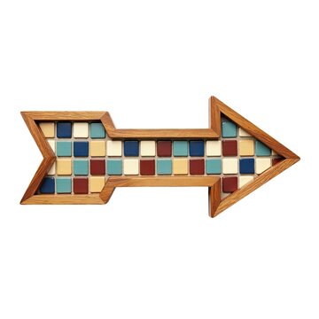 A decorative wooden arrow featuring colorful tiles and intricate design