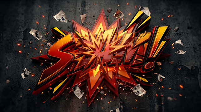 Comic book style smash explosion word graphic with sharp red and orange shattered pieces