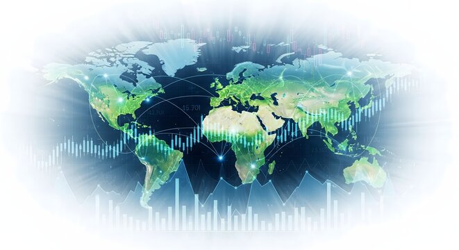 Digital world map with financial stock market graphs and data visualization overlays