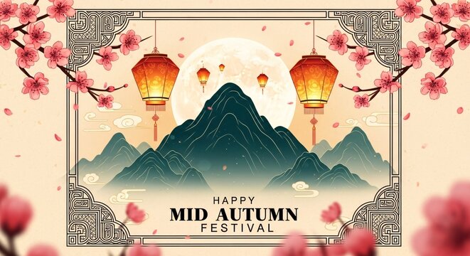 Happy mid autumn festival greeting card with mountains, lanterns, and cherry blossoms on beige background