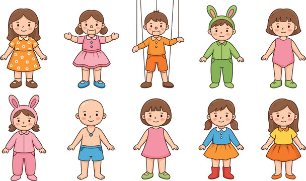 Cute Paper Doll Character Icon Set Featuring Kids and Puppets in Various Costumes and Outfits for Childhood Games, Crafts, and Educational Material Designs