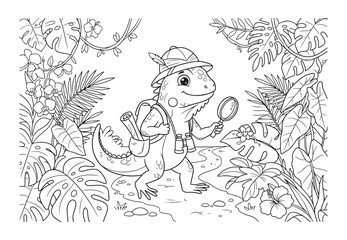 Fototapeta premium Cute iguana explorer hiking in tropical jungle safari coloring page vector
