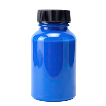 A single blue bottle with a black lid sitting on a plain white background