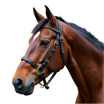 A brown horse wearing a bridle on its head, ready for riding
