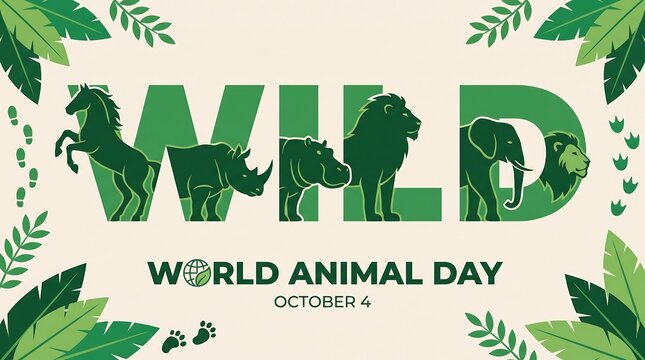 World Animal Day banner with wild animal silhouettes. October 4 wildlife conservation poster. Green tropical leaf border.