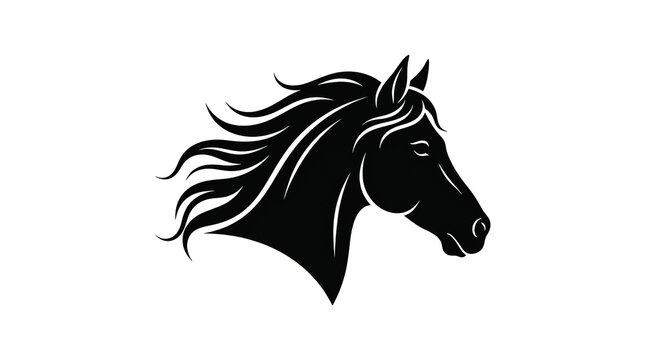 Elegant black horse head silhouette profile vector graphic design element with flowing mane detail with clean white background detailed black