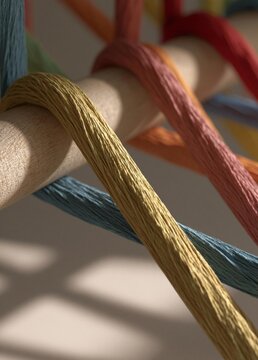 Close-up of a wooden dowel with multiple strands of colorful threads wrapped around it. the threads are of different colors, including red, orange, yellow, green, blue, and purple.
