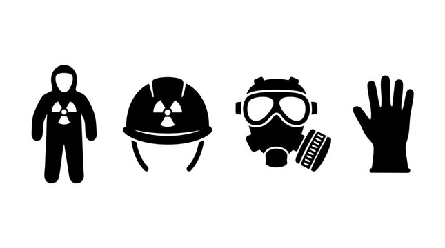 Hazmat Protective Equipment Icon Set with Radiation Suit, Safety Helmet, Gas Mask and Protective Glove, Hazardous Material, Chemical Protection, Nuclear Safety and Emergency Response Symbols Isolated 