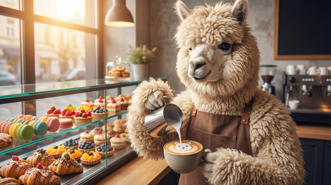Bear drinking in cafe, creative anthropomorphic lifestyle scene showing animal welfare, responsible care, wellbeing, humane values, education, community awareness, for humane community awareness