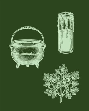 mystical regional ritual halloween icons set, glass prayer candle, heavy pot and protective herb, rustic illustration style