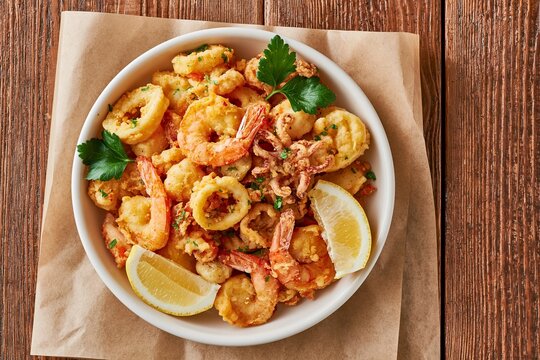 Fried seafood platter featuring shrimp, calamari, and fish fillets garnished with lemon wedges and parsley on a wooden table with brown paper underneath