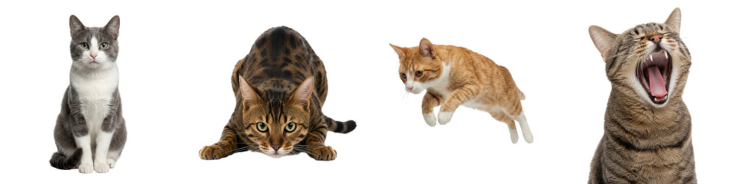 Four cats showcasing different poses and expressions on white background  