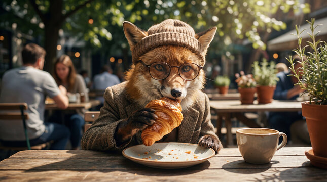 Fox eating in cafe, creative anthropomorphic lifestyle scene showing animal welfare, responsible care, wellbeing, humane values, education, community awareness, supporting responsible care education