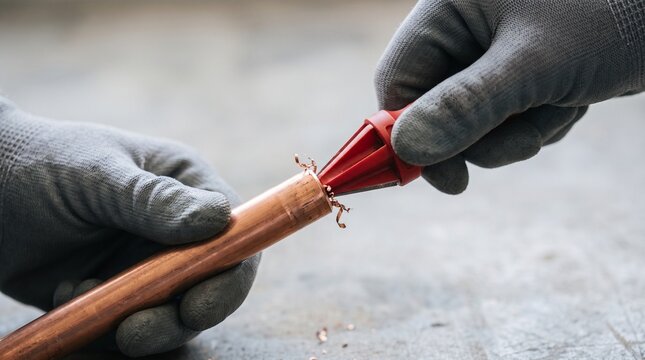 Worker using deburring tool on copper pipe with gloves in workshop  
