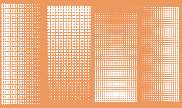 Vector White Halftone Gradient Texture Background Set, Vanishing Polka Dot Pattern Collection on Orange Background, Vertical Comic Pop Art Overlay Backdrop, Gradation Raster Effect Elements 