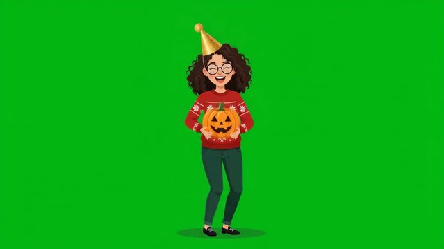 Happy woman with curly hair and glasses wearing a pumpkin sweater and party hat on a green screen background.