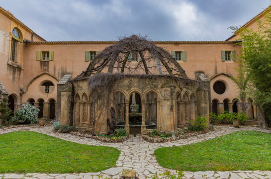 Series of photographs of Valmagne Abbey, a historic Cistercian monastery founded in the 12th century and located in the Occitanie region of France