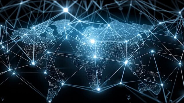 abstract business connection of line from nail node to node on world map background Innovation network points Earth's surface	