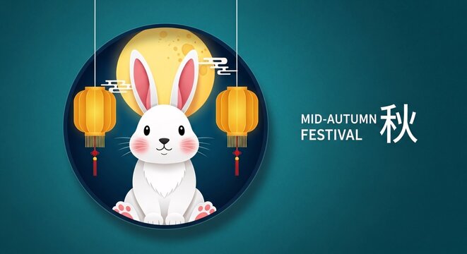 Midautumn festival illustration with a white rabbit and lanterns on a teal background celebrating the traditional chinese holiday