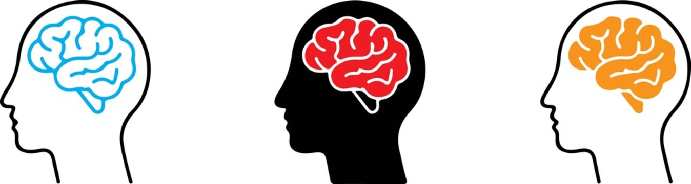 Human head profile with colorful brain icon vector illustration set, thinking