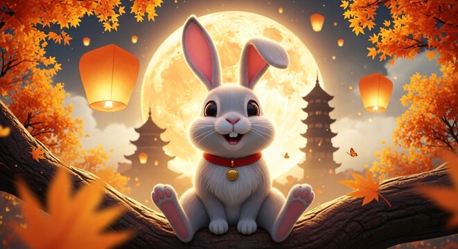 A white cartoon rabbit sitting on a tree branch with a red collar and a gold bell in a scenic autumnal landscape with a full moon and lanterns