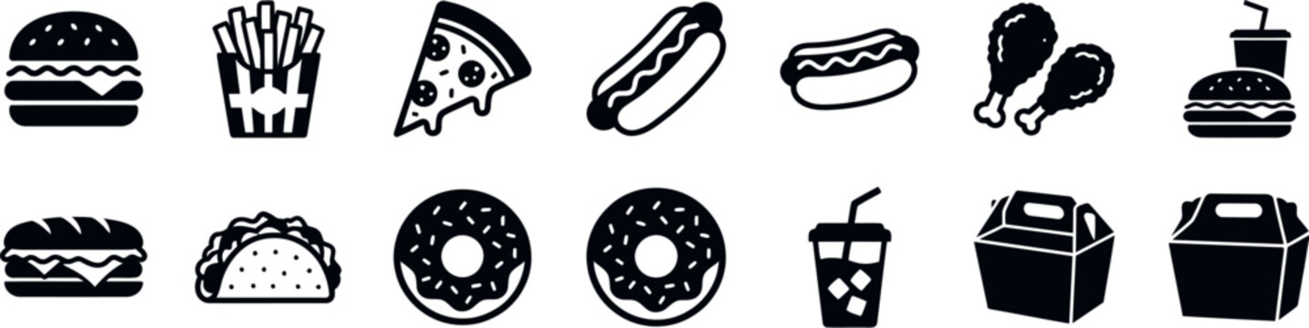 Line art icons depicting various fast food items and restaurant service objects