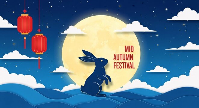 Mid autumn festival illustration with a rabbit sitting on a hill under a full moon with red lanterns and clouds in the night sky