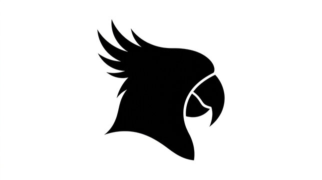 Minimalist black parrot head silhouette graphic icon isolated against plain white background vector illustration with clean bold black silhouette crested