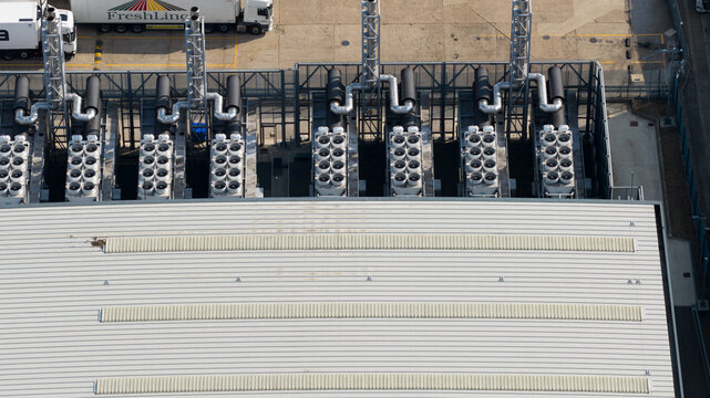 Aerial view of Rooftop HVAC Cooling Systems on Large Data Center