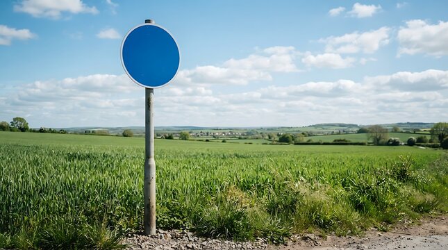 Blue spherical signpost standing in lush green agricultural field under clear sky