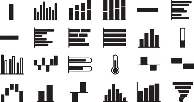 A set of black and white bar chart representing various data distributions, trends, and statistical measurements on white background