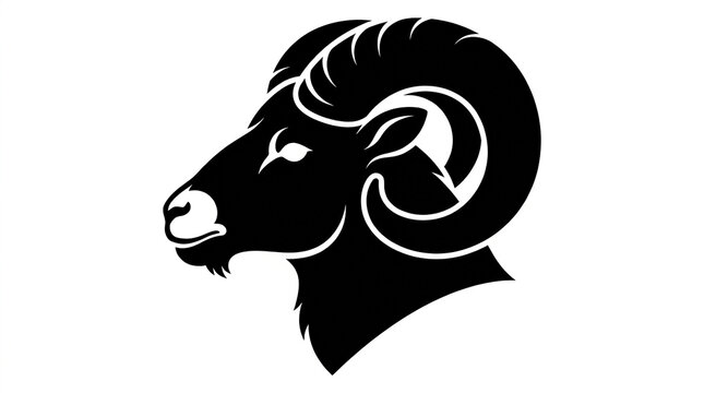 Minimalist black ram head silhouette graphic symbolizing strength power and determination for modern branding design with highlighting bold curved horns elegant clean lines