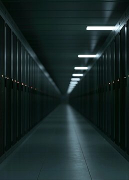 Long corridor in a data center. the corridor is long and narrow, with rows of servers on either side. the servers are black and appear to be made of metal.