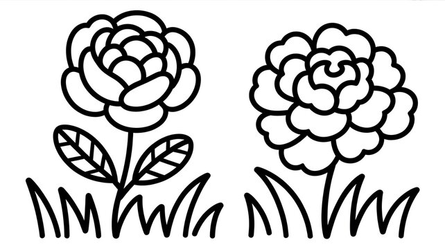 Set of hand drawn textured blue ink rose or peony flowers and leaves. Sketch vector grunge floral blossoms and grass elements, symbols for pattern design, greeting card decoration, logo, tatto