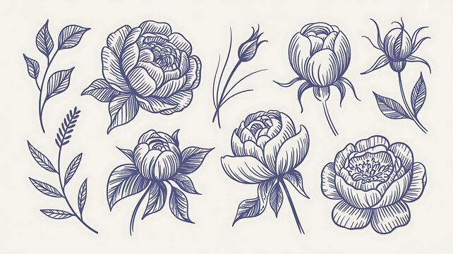 Set of hand drawn textured blue ink rose or peony flowers and leaves. Sketch vector grunge floral blossoms and grass elements, symbols for pattern design, greeting card decoration, logo, tatto