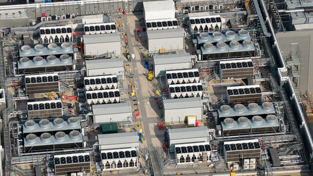 Aerial view of Rooftop HVAC Cooling Systems on Large Data Center