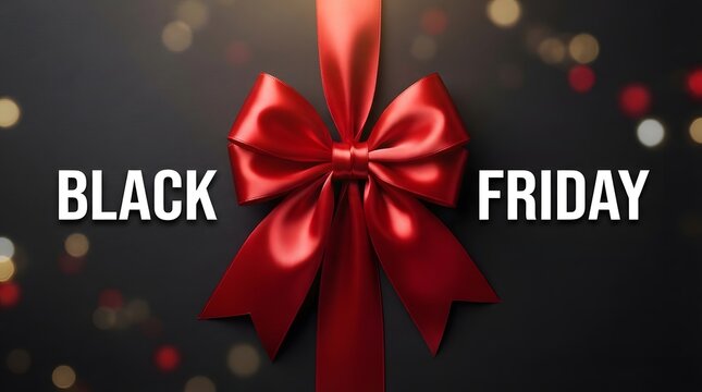Elegant Black Friday Sale Announcement with Festive Red Bow on Dark Background