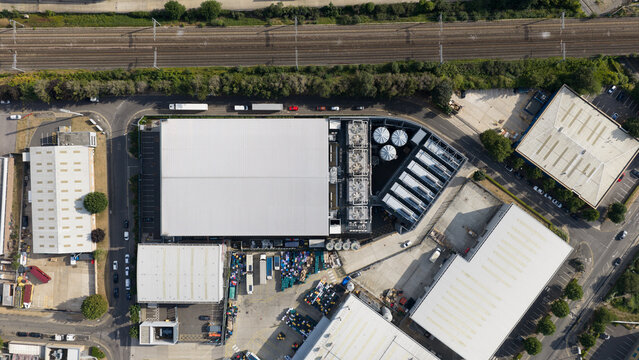 Aerial view of Rooftop HVAC Cooling Systems on Large Data Center