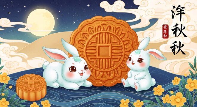 Two white rabbits sitting next to large and small mooncakes on blue waves with yellow flowers and a full moon in the background at night